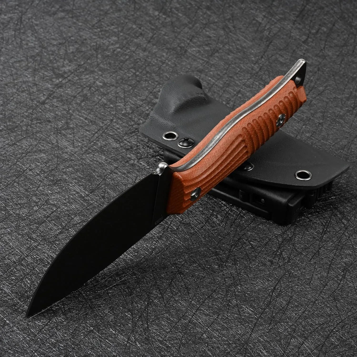Fixed Blade Tactical Knife DC53 Steel Micarta Handle Kydex Sheath for Camping Hunting EDC (Black Brown)
