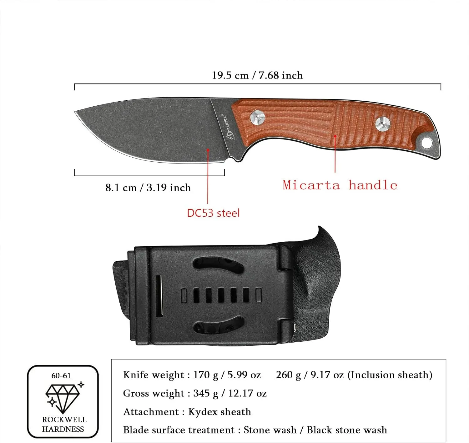 Fixed Blade Tactical Knife DC53 Steel Micarta Handle Kydex Sheath for Camping Hunting EDC (Black Brown)