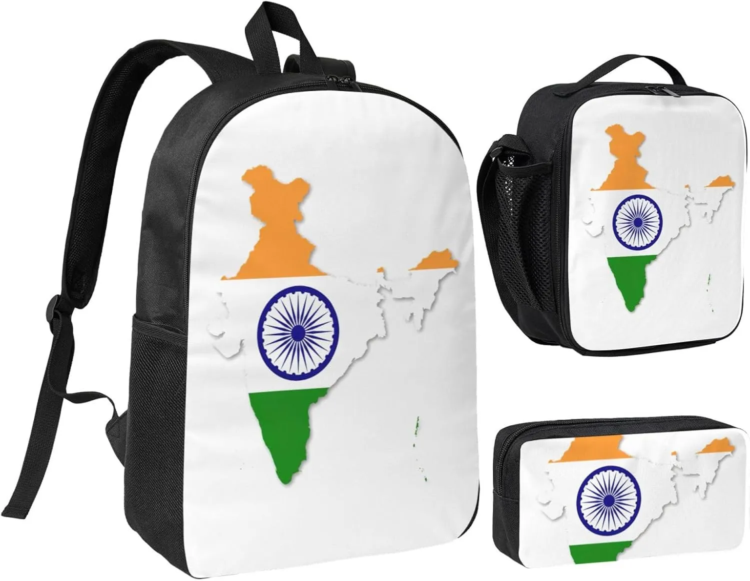 Flag Map of India print 3 Piece Backpack Bags with Lunch Box Pencil Case Set for Travel Work Camping Unisex