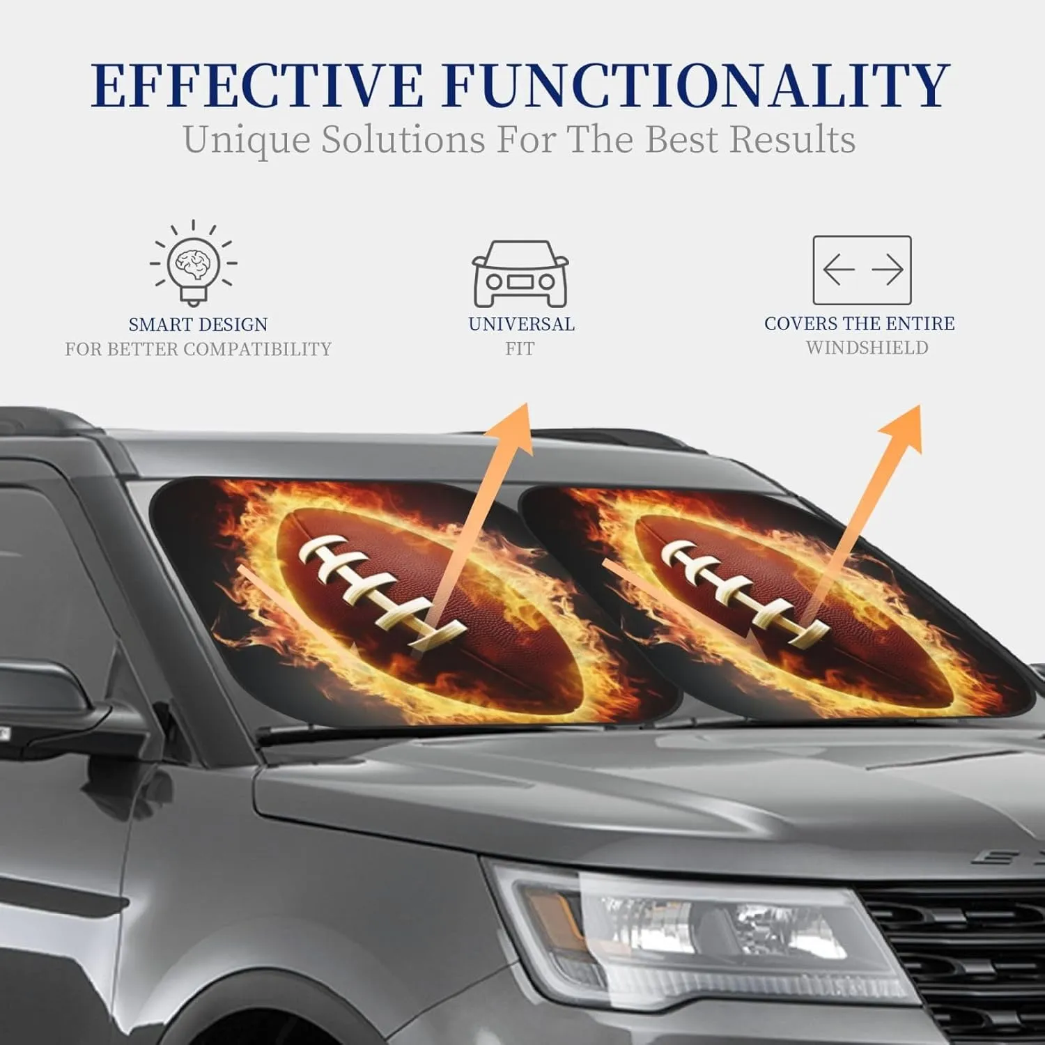 Flaming American Football Windshield Sun Shade 2 PCS Foldable Car Front Window Sunshade for Sun, Heat and UV Rays Auto Sun Blocker Visor Protector with Storage Bag for Cars, SUVs Small