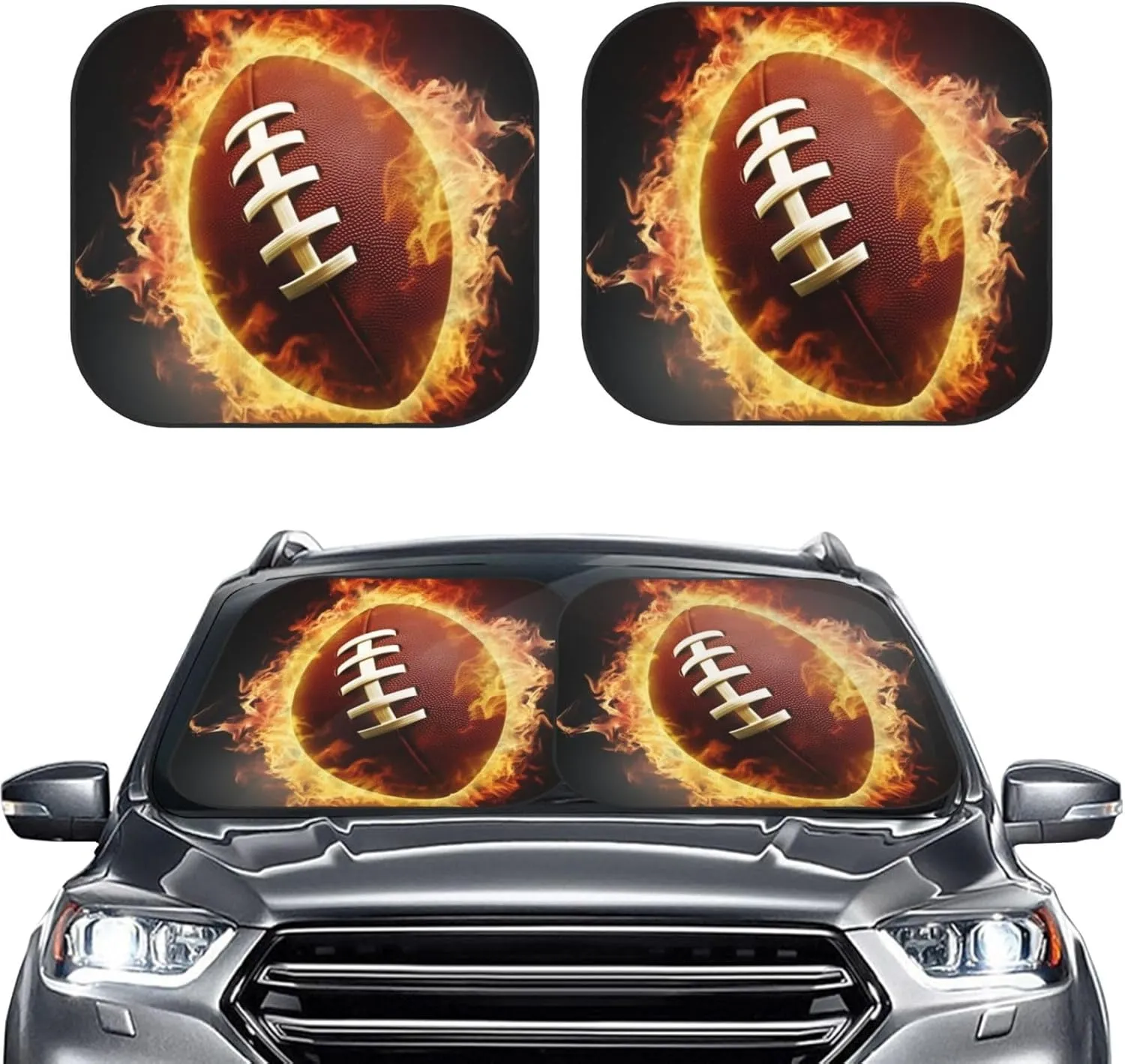 Flaming American Football Windshield Sun Shade 2 PCS Foldable Car Front Window Sunshade for Sun, Heat and UV Rays Auto Sun Blocker Visor Protector with Storage Bag for Cars, SUVs Small