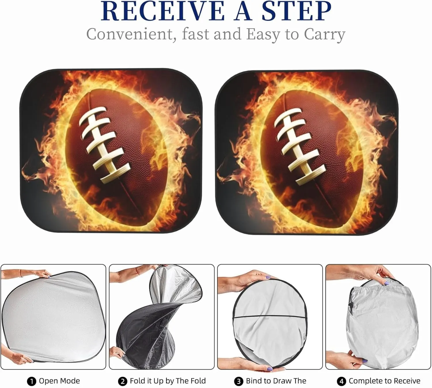Flaming American Football Windshield Sun Shade 2 PCS Foldable Car Front Window Sunshade for Sun, Heat and UV Rays Auto Sun Blocker Visor Protector with Storage Bag for Cars, SUVs Small