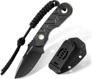 FLISSA Fixed Blade Knife, 7 Inch Full Tang Hunting Knife with Kydex Sheath and Emergency Rope, Tactical Knife with G10 Handle for Survival, Camping, Hiking(Black)