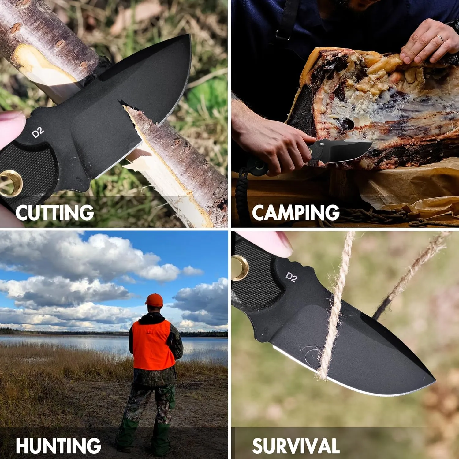 FLISSA Fixed Blade Knife, 7 Inch Full Tang Hunting Knife with Kydex Sheath and Emergency Rope, Tactical Knife with G10 Handle for Survival, Camping, Hiking(Black)
