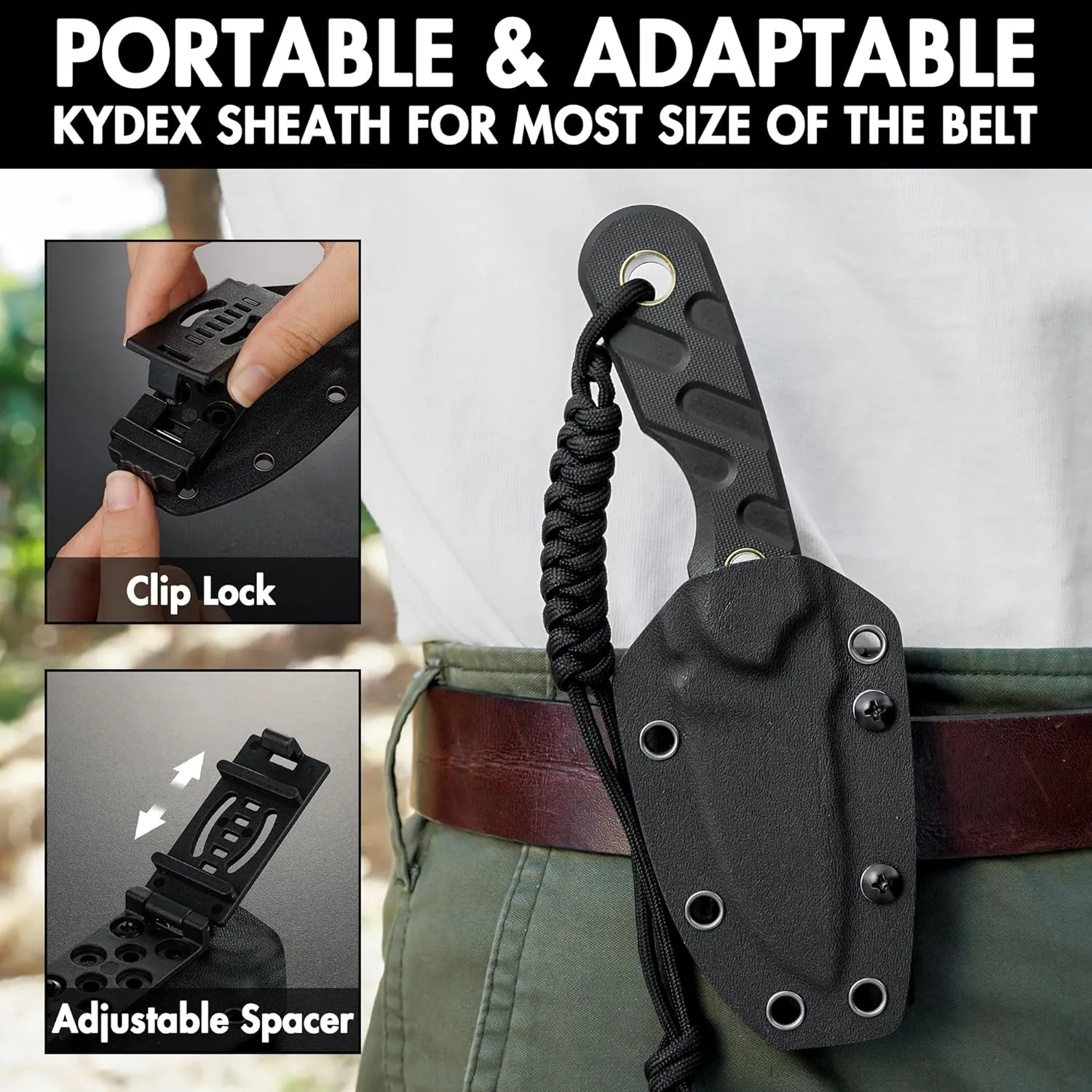 FLISSA Fixed Blade Knife, 7 Inch Full Tang Hunting Knife with Kydex Sheath and Emergency Rope, Tactical Knife with G10 Handle for Survival, Camping, Hiking(Black)