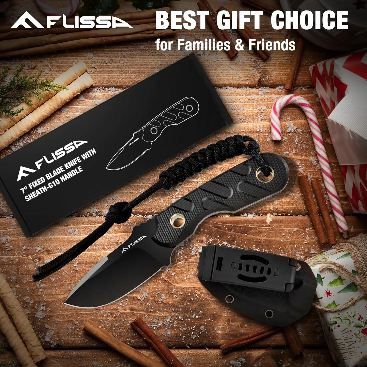 FLISSA Fixed Blade Knife, 7 Inch Full Tang Hunting Knife with Kydex Sheath and Emergency Rope, Tactical Knife with G10 Handle for Survival, Camping, Hiking(Black)