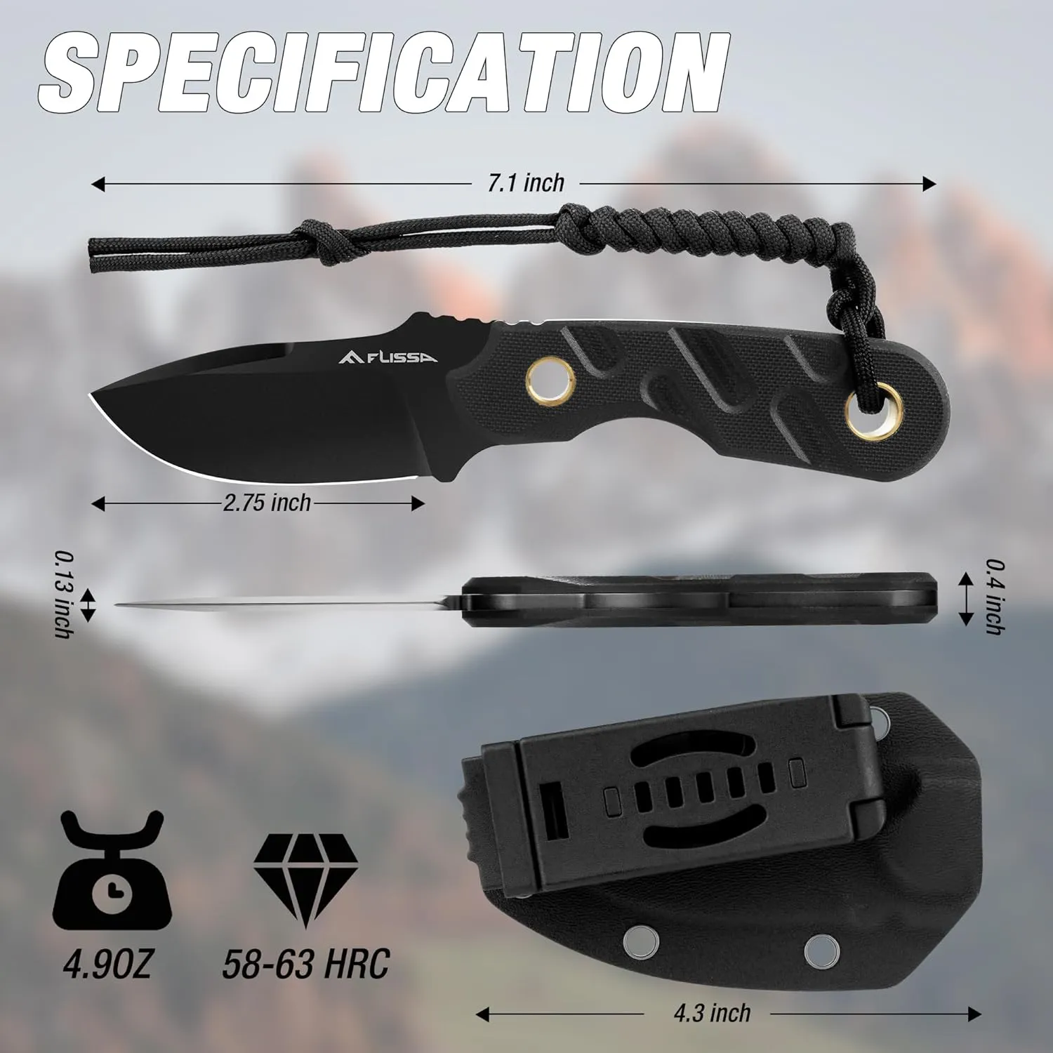 FLISSA Fixed Blade Knife, 7 Inch Full Tang Hunting Knife with Kydex Sheath and Emergency Rope, Tactical Knife with G10 Handle for Survival, Camping, Hiking(Black)