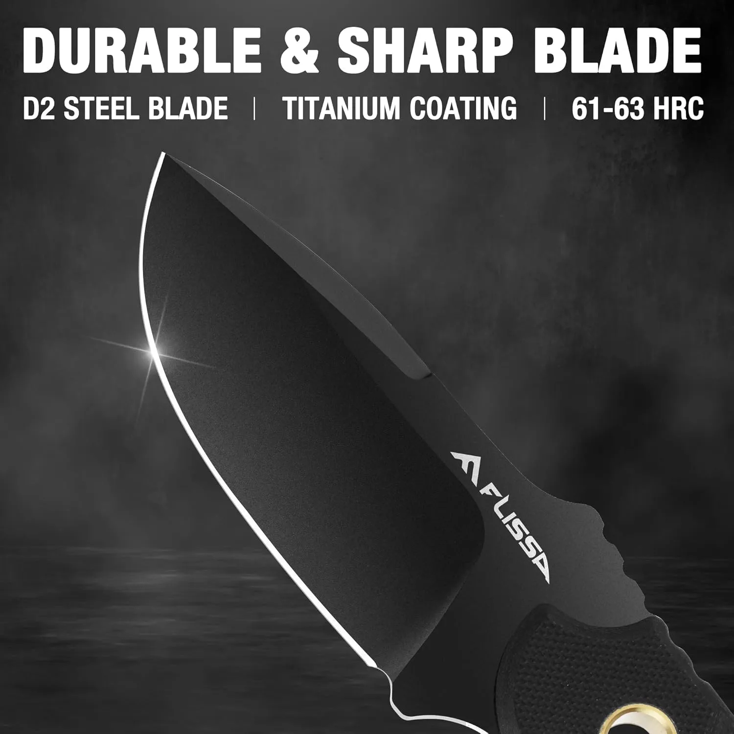 FLISSA Fixed Blade Knife, 7 Inch Full Tang Hunting Knife with Kydex Sheath and Emergency Rope, Tactical Knife with G10 Handle for Survival, Camping, Hiking(Black)