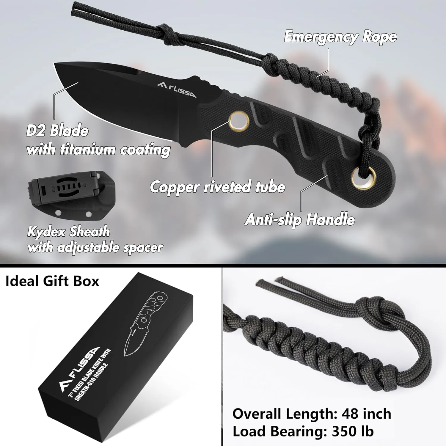 FLISSA Fixed Blade Knife, 7 Inch Full Tang Hunting Knife with Kydex Sheath and Emergency Rope, Tactical Knife with G10 Handle for Survival, Camping, Hiking(Black)