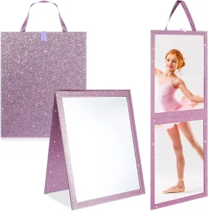 Foldable Glitter Backstage Mirror with Handle 33. 5X 13. 5 Inch Leather Folding Hanging Mirror Rectangular for Travel Dance Bag Home Fitness Spa Gift for Dancers(Purple)