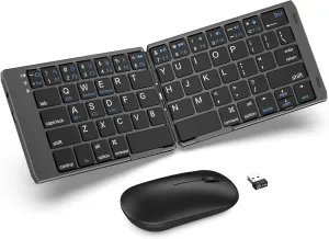 Foldable Keyboard and Mouse, EDJO Folding Wireless Keyboard Mouse Combo with Phone Holder, 2.4G Wireless and Bluetooth, USB-C Rechargeable Portable Combo for iOS Android Windows Mac OS