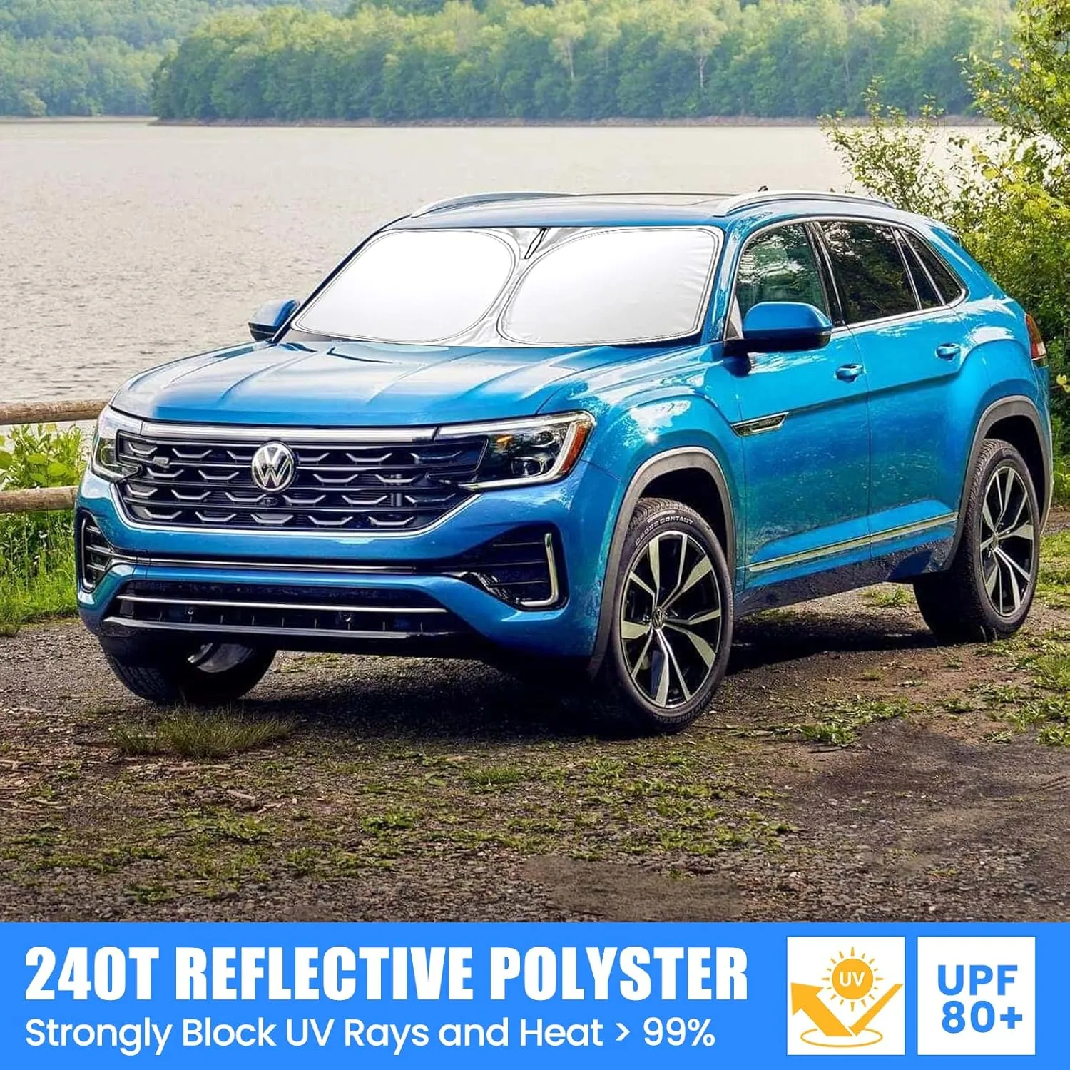 Foldable Sun Shade WODSTA Full Coverage Windshield Sunshade Compatible with VW Atlas 2018-2025 4-Layer Thickened Windows Visor 240T Polyester Windshield Sun Shade