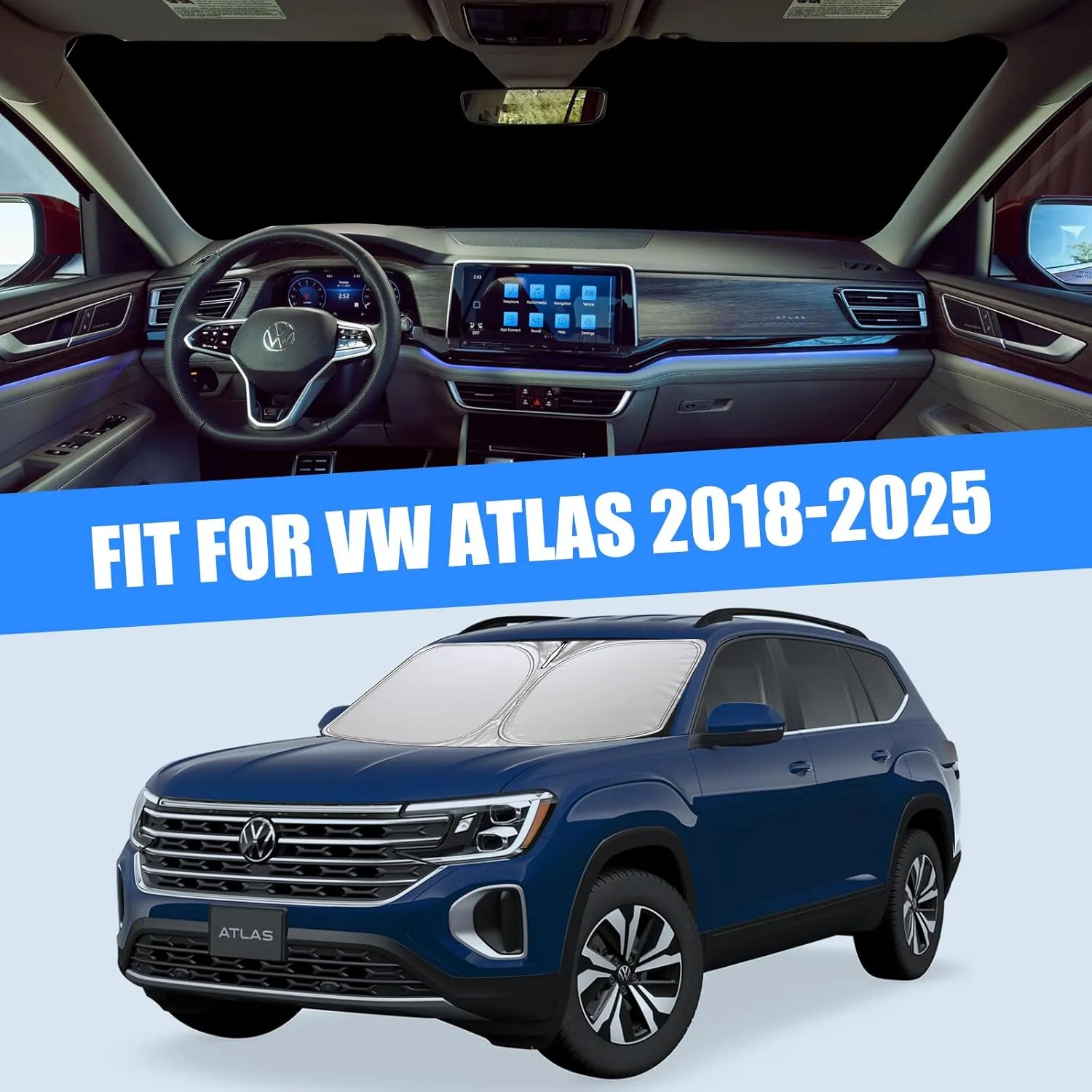 Foldable Sun Shade WODSTA Full Coverage Windshield Sunshade Compatible with VW Atlas 2018-2025 4-Layer Thickened Windows Visor 240T Polyester Windshield Sun Shade