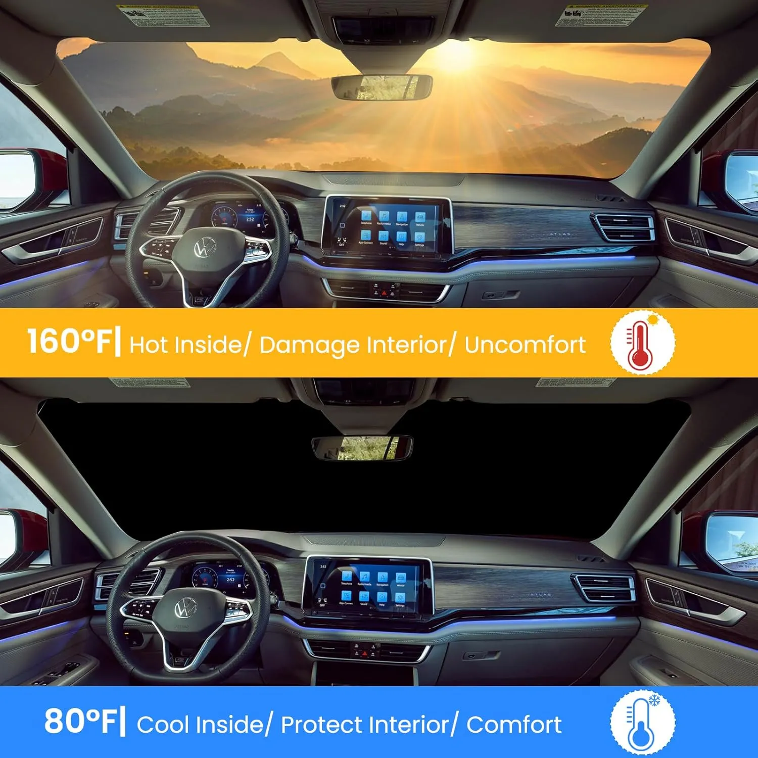 Foldable Sun Shade WODSTA Full Coverage Windshield Sunshade Compatible with VW Atlas 2018-2025 4-Layer Thickened Windows Visor 240T Polyester Windshield Sun Shade