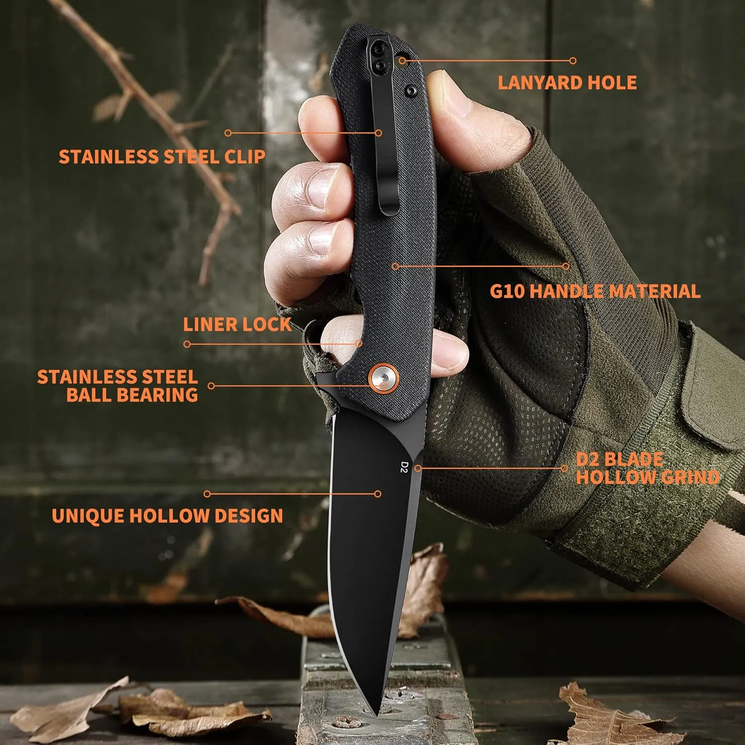 Folding Knife Black EDC Tactical Pocket Knife For Men D2 Stainless Steel and G10 Handle Reversible Pocket Clip Camping Survival Fishing Hiking Christmas Gifts Women Cool Knives