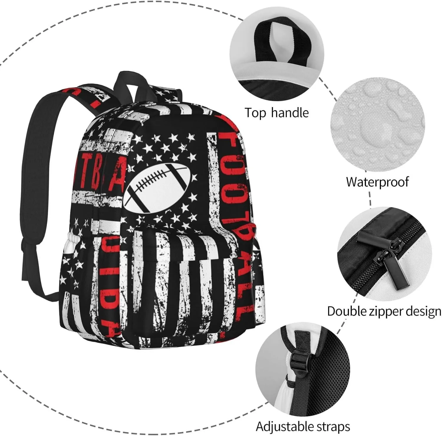Football American Flag Sport Backpack Large Capacity Backpack Lightweight Double Shoulder Bag For Women Men Travel