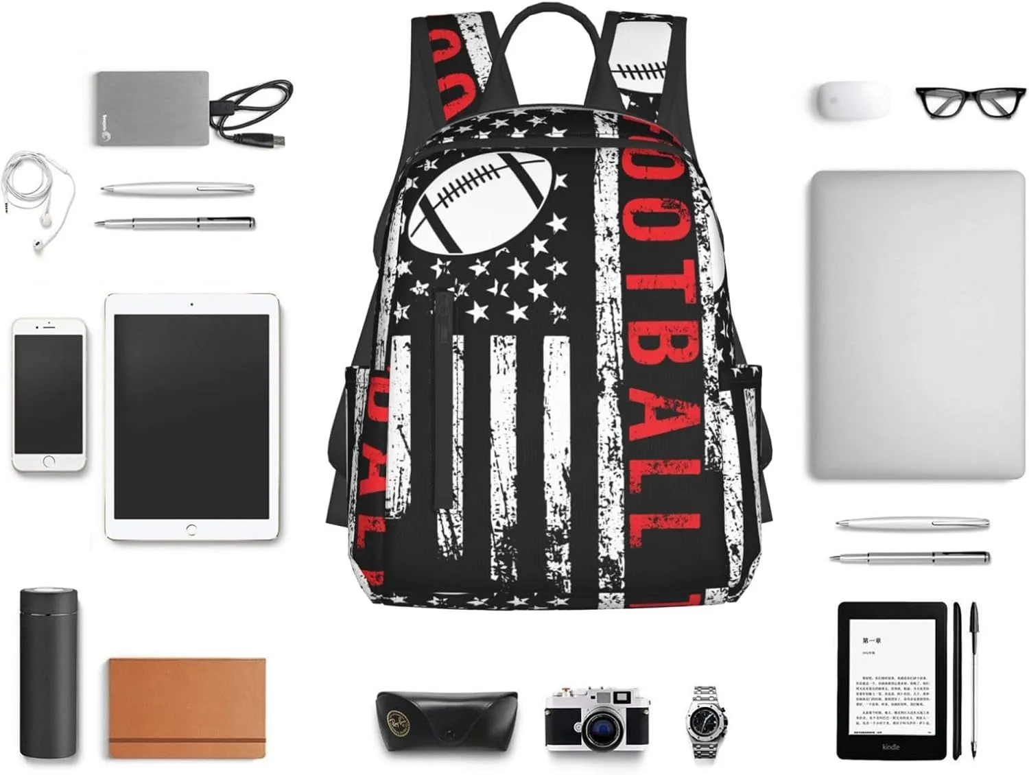 Football American Flag Sport Casual Backpacks Laptop Backpack Outdoor Travel Rucksack Sport Carry-On Daypack Lightweight Bag with Multi-Pockets