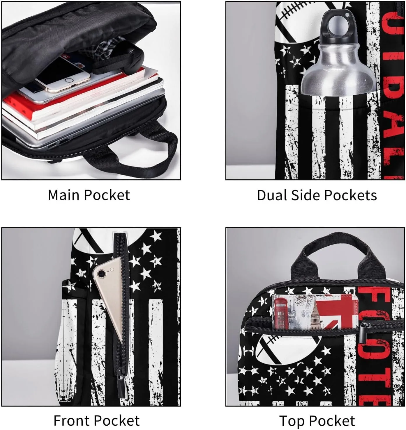 Football American Flag Sport Casual Backpacks Laptop Backpack Outdoor Travel Rucksack Sport Carry-On Daypack Lightweight Bag with Multi-Pockets