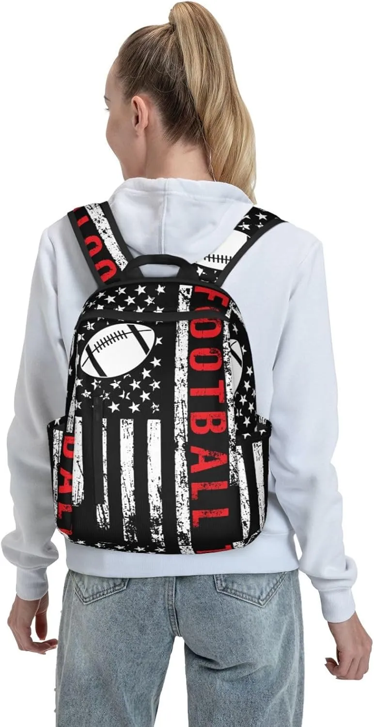 Football American Flag Sport Casual Backpacks Laptop Backpack Outdoor Travel Rucksack Sport Carry-On Daypack Lightweight Bag with Multi-Pockets