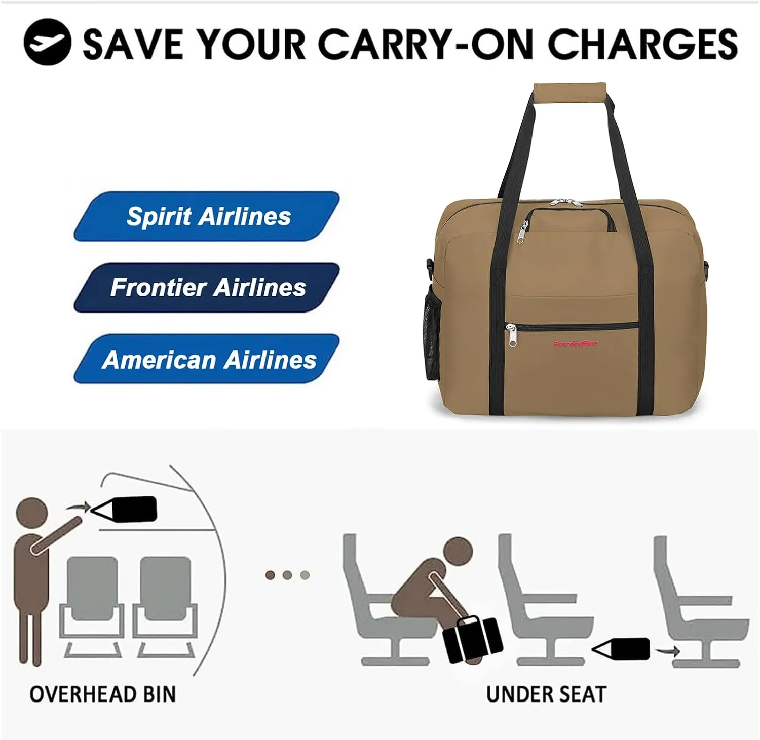 For Spirit, American Airline, Frontier 18X14X8 Inches Personal Item Under Seat Duffel Bag With Air Pillow And USB Port (Beige)