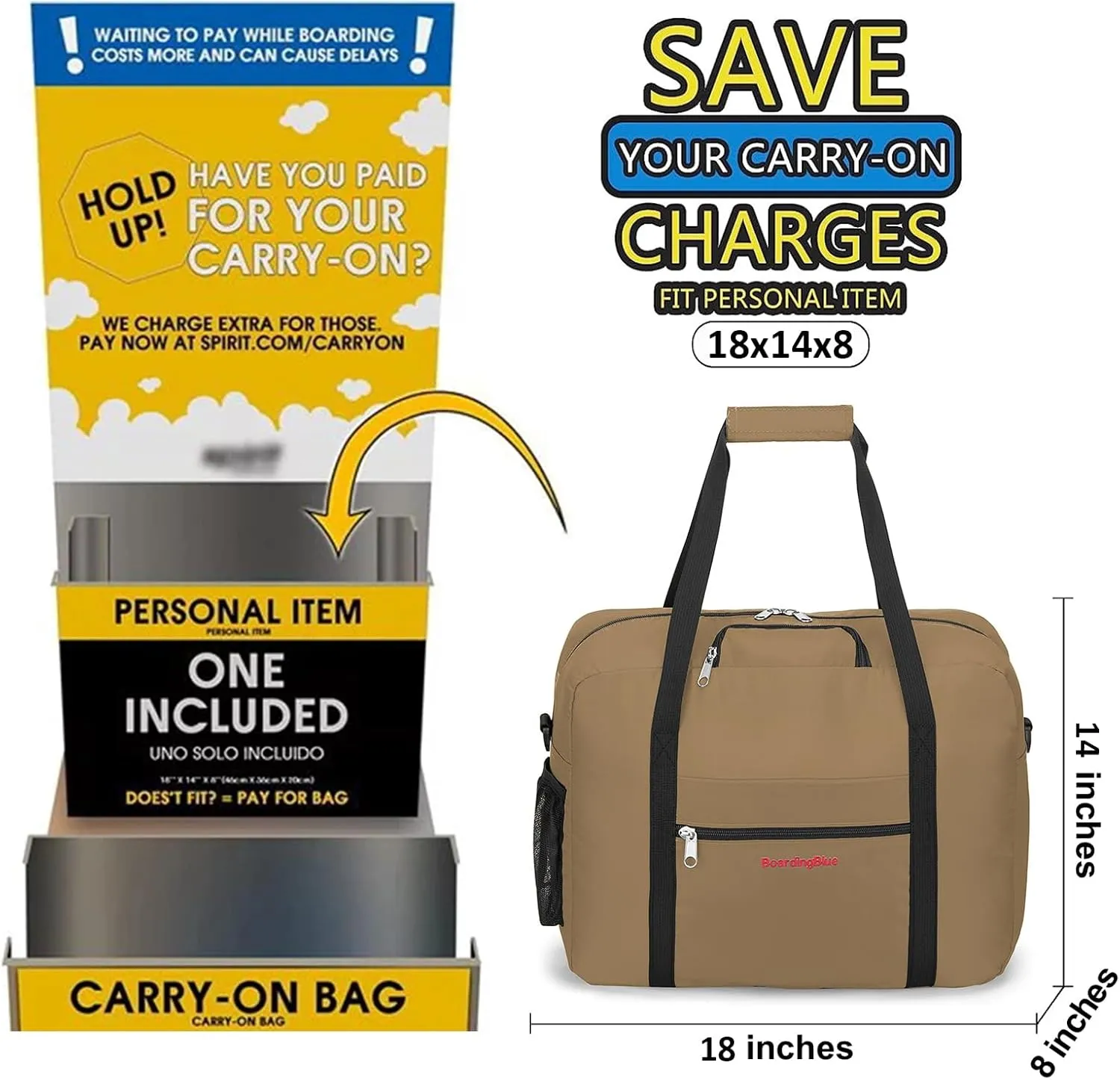 For Spirit, American Airline, Frontier 18X14X8 Inches Personal Item Under Seat Duffel Bag With Air Pillow And USB Port (Beige)