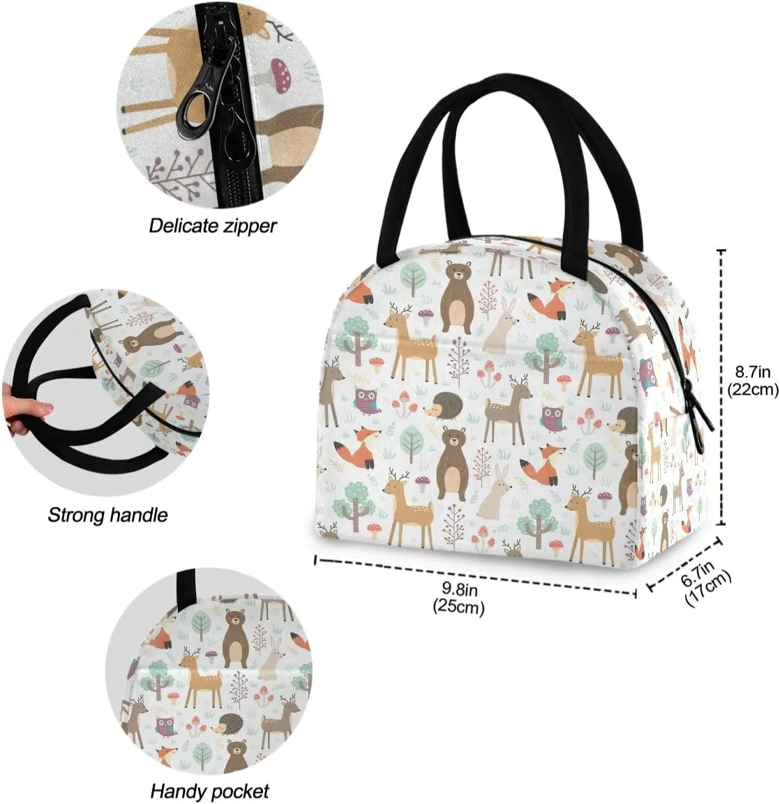 Forest Cartoon Animals Fox Bear Deer Reusable Lunch Tote Bag with Front Pocket Zipper Closure Cooler Container Bag for Man Women Work Picnic Travel Beach Fishing