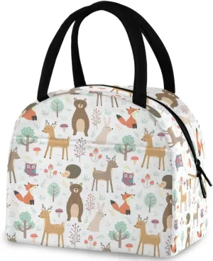 Forest Cartoon Animals Fox Bear Deer Reusable Lunch Tote Bag with Front Pocket Zipper Closure Cooler Container Bag for Man Women Work Picnic Travel Beach Fishing
