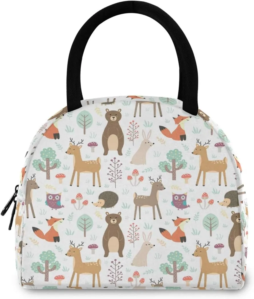 Forest Cartoon Animals Fox Bear Deer Reusable Lunch Tote Bag with Front Pocket Zipper Closure Cooler Container Bag for Man Women Work Picnic Travel Beach Fishing