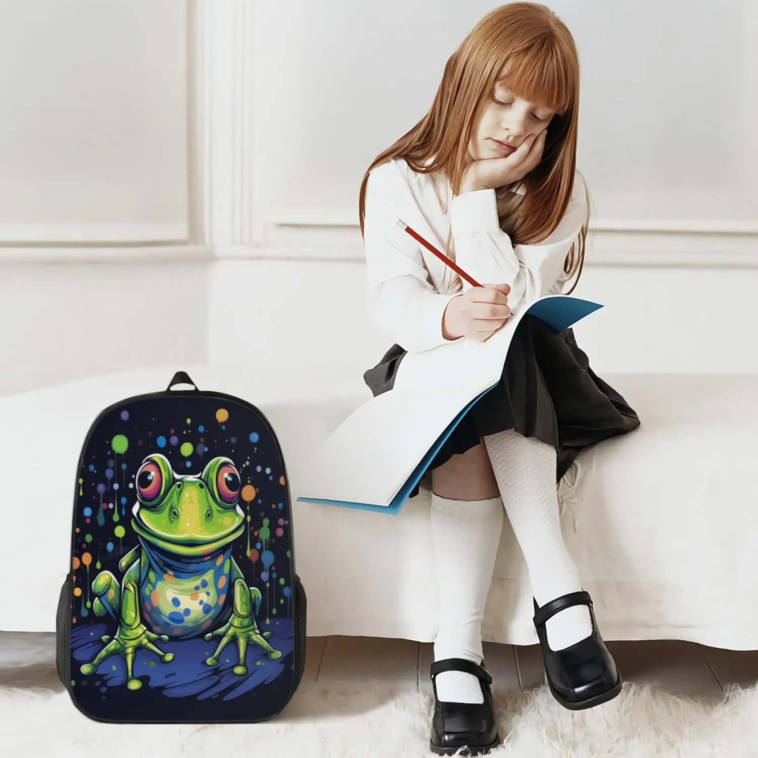 Frog Backpack, Simple and Aesthetic Bookbag for Women & Men, Lightweight Adjustable Black Backpack for Travel Outdoor Sports, Large Capacity Laptop Bag for Business Office