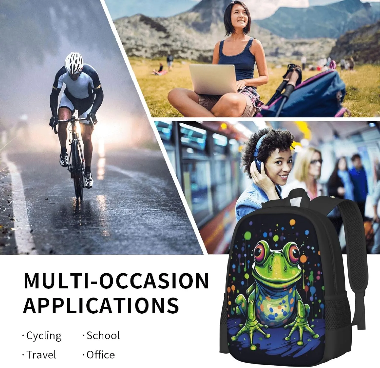 Frog Backpack, Simple and Aesthetic Bookbag for Women & Men, Lightweight Adjustable Black Backpack for Travel Outdoor Sports, Large Capacity Laptop Bag for Business Office