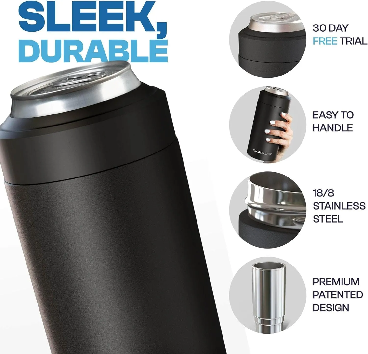 Frost Buddy Universal Can Cooler - Fits All - For Regular 12 & 16 oz or Slim-Size Bottles - Insulated Double-Walled Stainless Steel (MatteBlack)