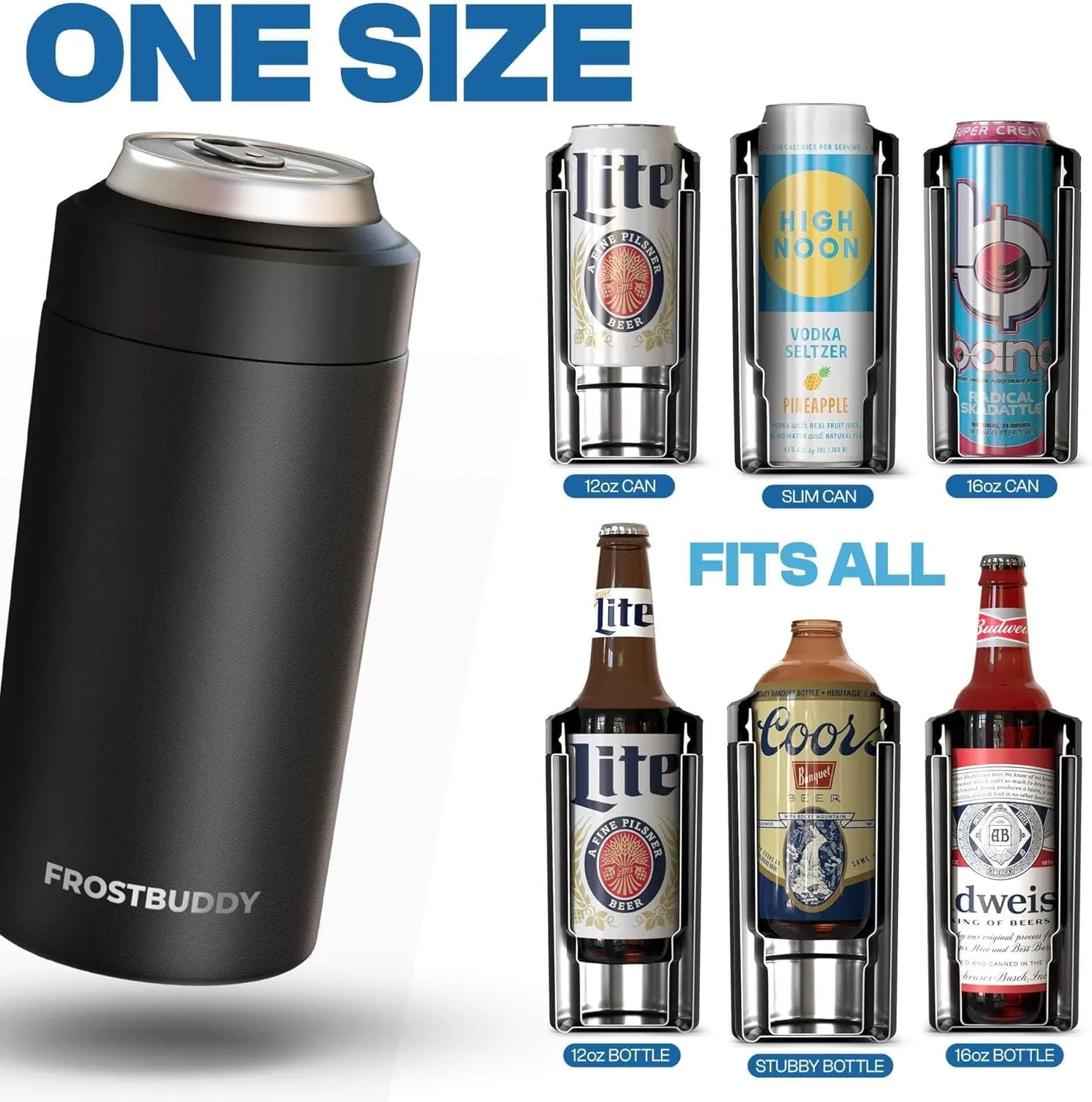 Frost Buddy Universal Can Cooler - Fits All - For Regular 12 & 16 oz or Slim-Size Bottles - Insulated Double-Walled Stainless Steel (MatteBlack)