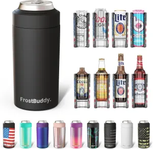 Frost Buddy Universal Can Cooler - Fits All - For Regular 12 & 16 oz or Slim-Size Bottles - Insulated Double-Walled Stainless Steel (MatteBlack)