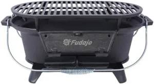 Fudojo Portable Cast Iron Charcoal Grill, Oval Tabletop Hibachi Grill with Handles, Enameled Camping Stove