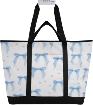 Funky Bowknots Blue Reusable Insulated Lunchbox Cooler Bag, Leakproof Kitchen Grocery Bag Collapsible Portable Cooler Tote Bag for Picnic, Camping, Office, Travel