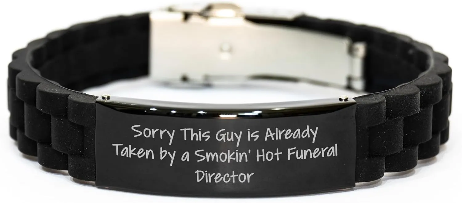 Funny Funeral Director Gifts, Sorry This Guy Is Already Taken, Glide lock Clasp Bracelet for Men, Black Stainless Steel, Adjustable, Premium Bag, Father's Day Unique Gifts from Family