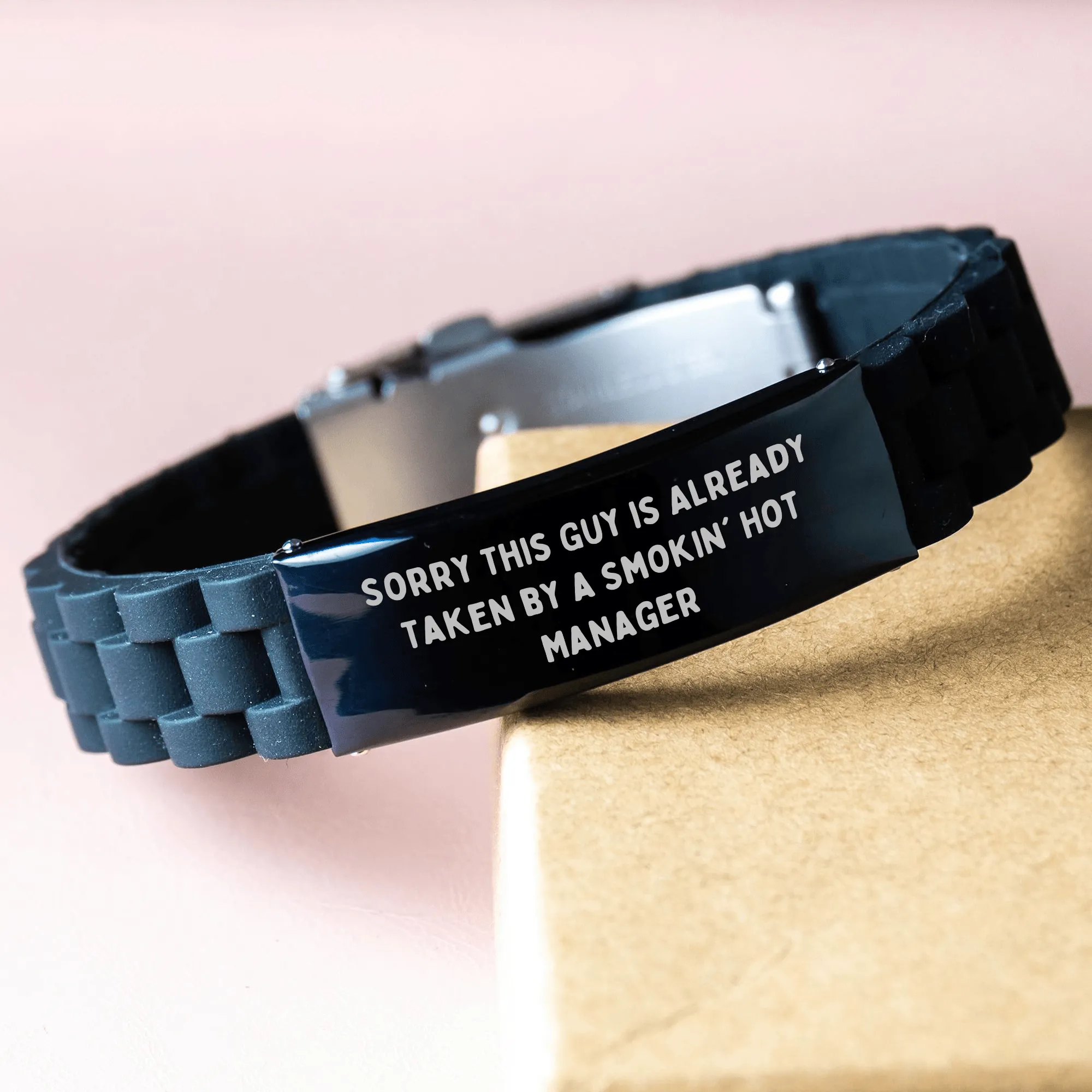 Funny Manager Gift, 'Sorry This Guy Is Already Taken', Glide lock Clasp Black Stainless Steel Silicone Adjustable 9.05-Inch Men's Manager Gifts from Friends, Unique Father's Day Unique Gifts for Him