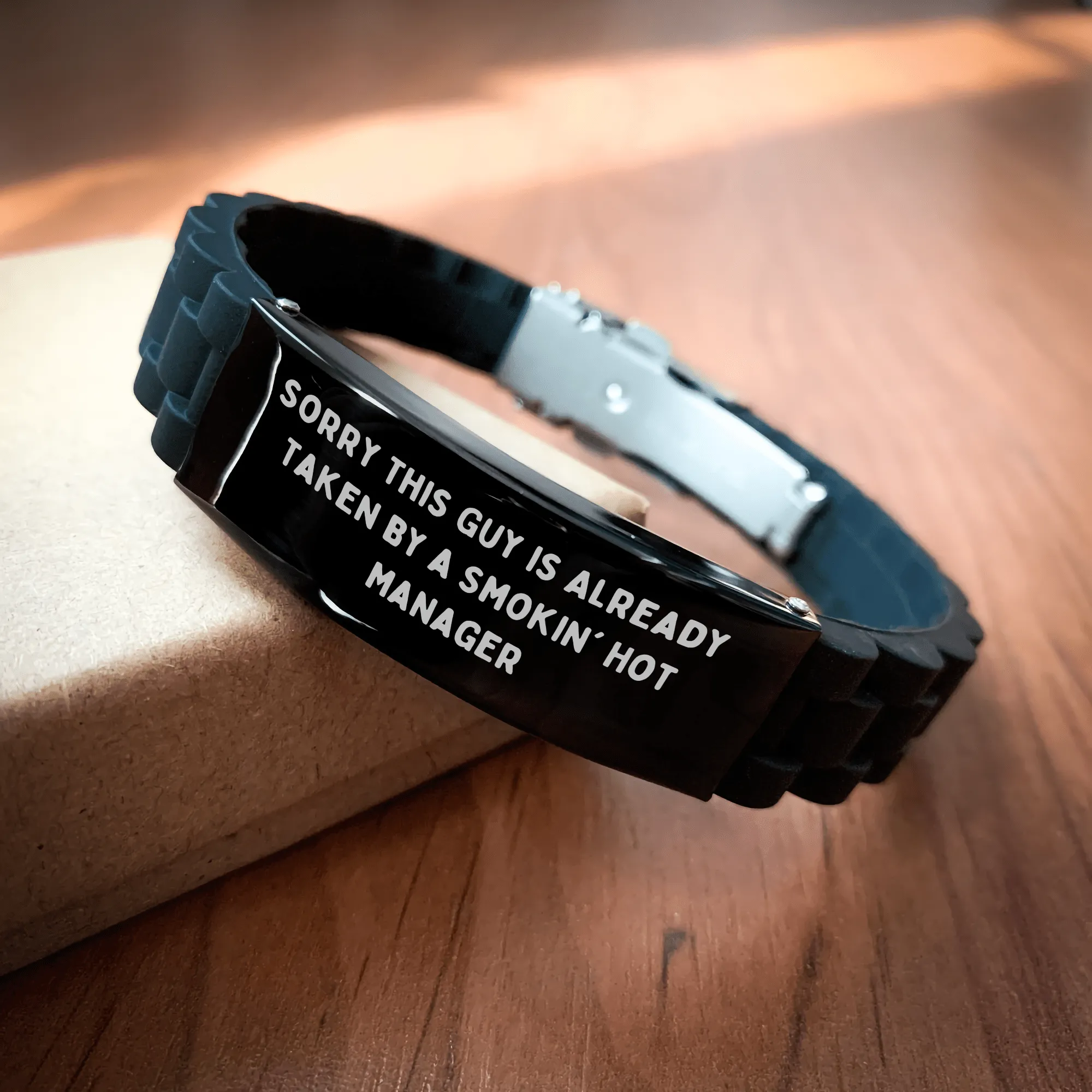 Funny Manager Gift, 'Sorry This Guy Is Already Taken', Glide lock Clasp Black Stainless Steel Silicone Adjustable 9.05-Inch Men's Manager Gifts from Friends, Unique Father's Day Unique Gifts for Him