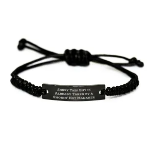 Funny Manager Gifts, Sorry This Guy Is Already Taken By A Smokin' Hot Manager Rope Bracelet, Adjustable Black Stainless Steel Gift for Men, Father's Day Unique Gifts from Family