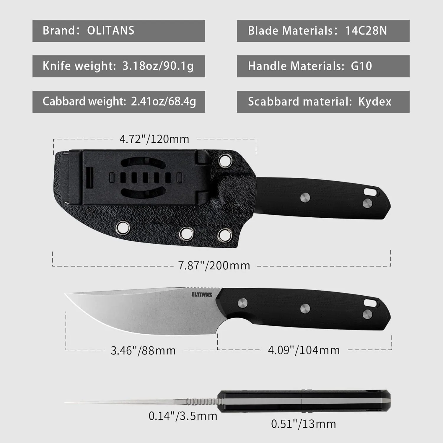 G063 Fixed Blade Knife 3.46'' 14C28N steel Blade, 4.09'' G10 handle Field Utility Knife with Kydex Sheath for Outdoor Camping Hiking
