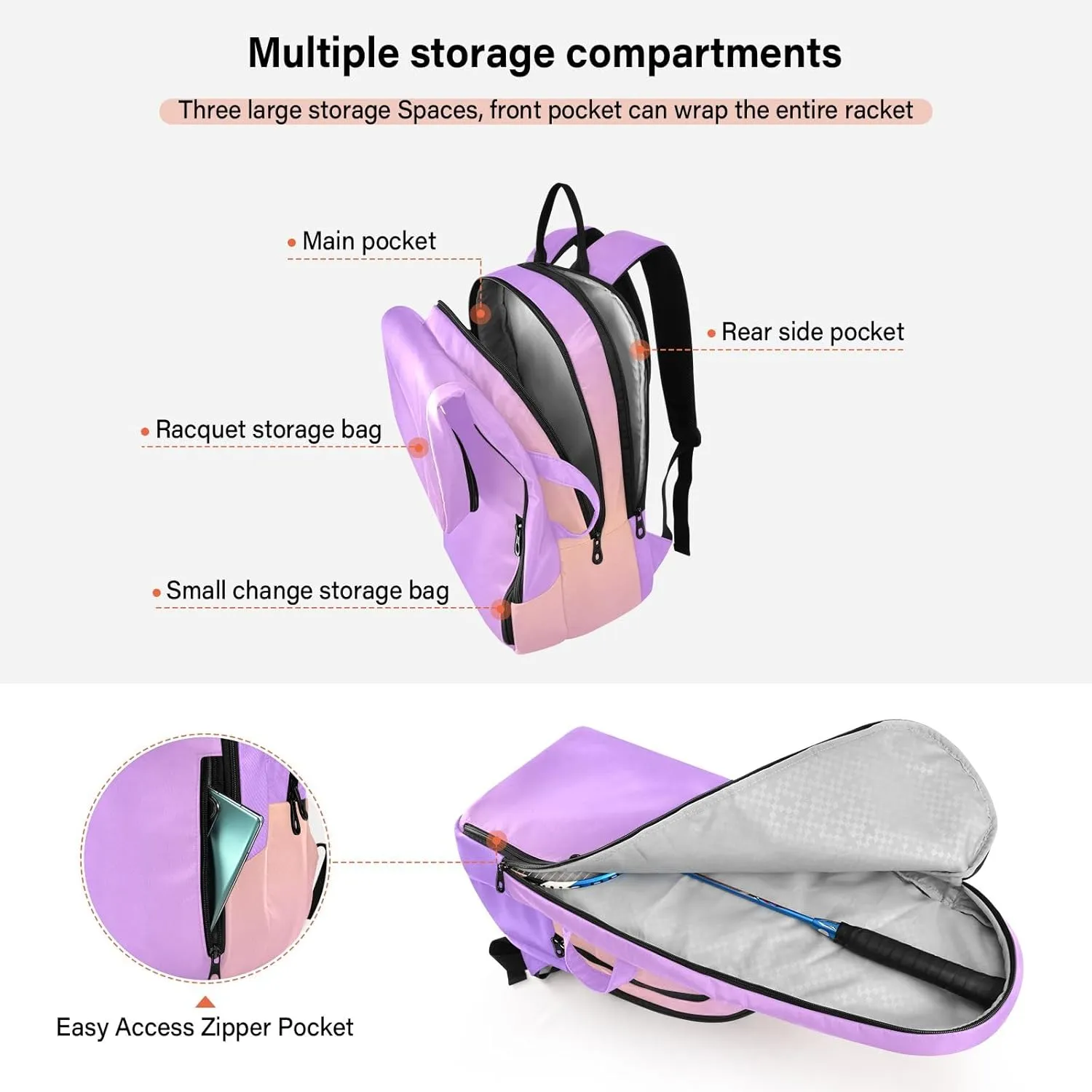 GAIGEO Racket Bag, Multiple Storage Compartments, Foldable Racket Pocket