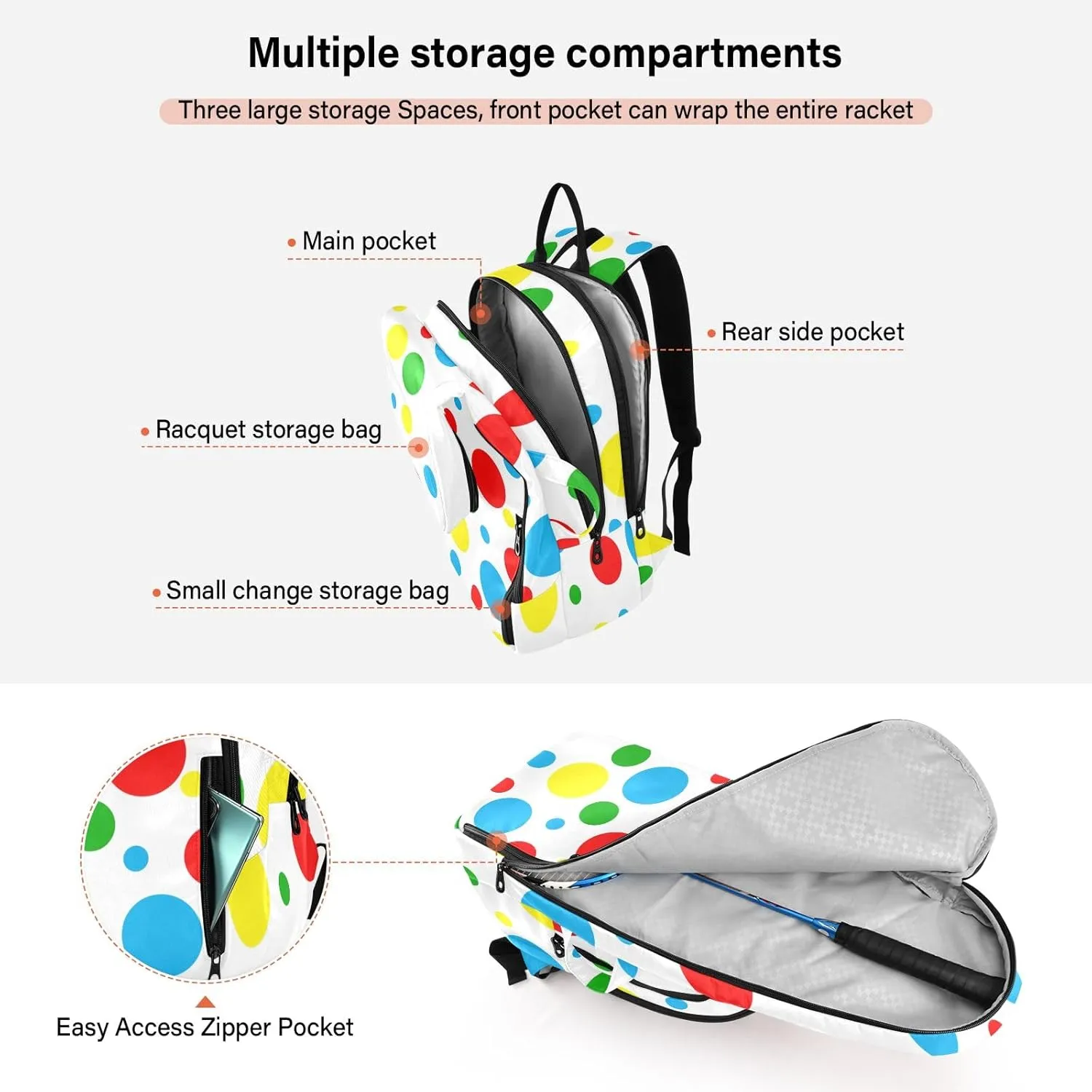 GAIGEO Racket Bag, Multiple Storage Compartments, Foldable Racket Pocket