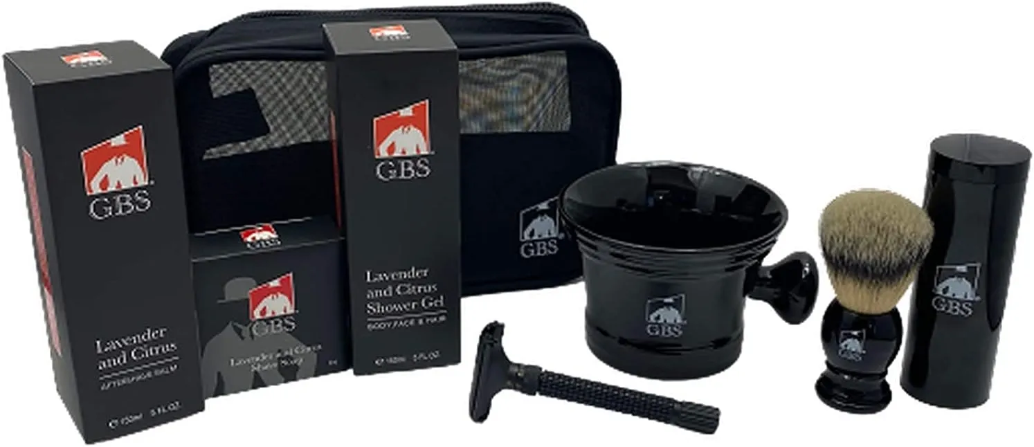G.B.S Black Deluxe Razor Set, Butterfly Opening De Adjustable Razor Shaving Bowl Soap Shower Gel and Aftershave Balm