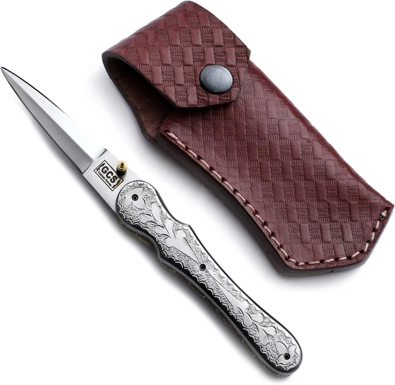 GCS Handmade D2 Steel Tactical Hunting Folding Knife with Leather Sheath for Hunting and Camping & EDC GCS-919F