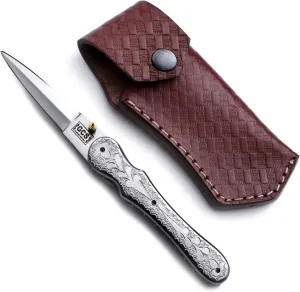 GCS Handmade D2 Steel Tactical Hunting Folding Knife with Leather Sheath for Hunting and Camping & EDC GCS-919F