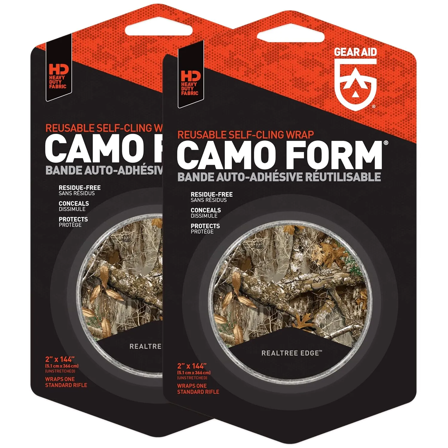 GEAR AID Camo Form Self-Cling and Reusable Fabric Camouflage Wrap, Adds Grip and Shield Hands from Hot or Cold Surfaces to Protect You and Your Equipment, Realtree Edge, 2” x 144” Roll, 2 Pack