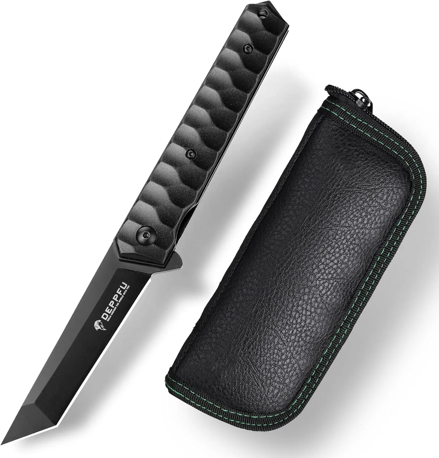 Geometric Pocket Knife EDC For Men Sharp Tactical Folding Knife With Holster With Clip Glass Breaker Everyday Carry Knifes Camping Hunting Knives （Black）