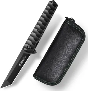 Geometric Pocket Knife EDC For Men Sharp Tactical Folding Knife With Holster With Clip Glass Breaker Everyday Carry Knifes Camping Hunting Knives （Black）