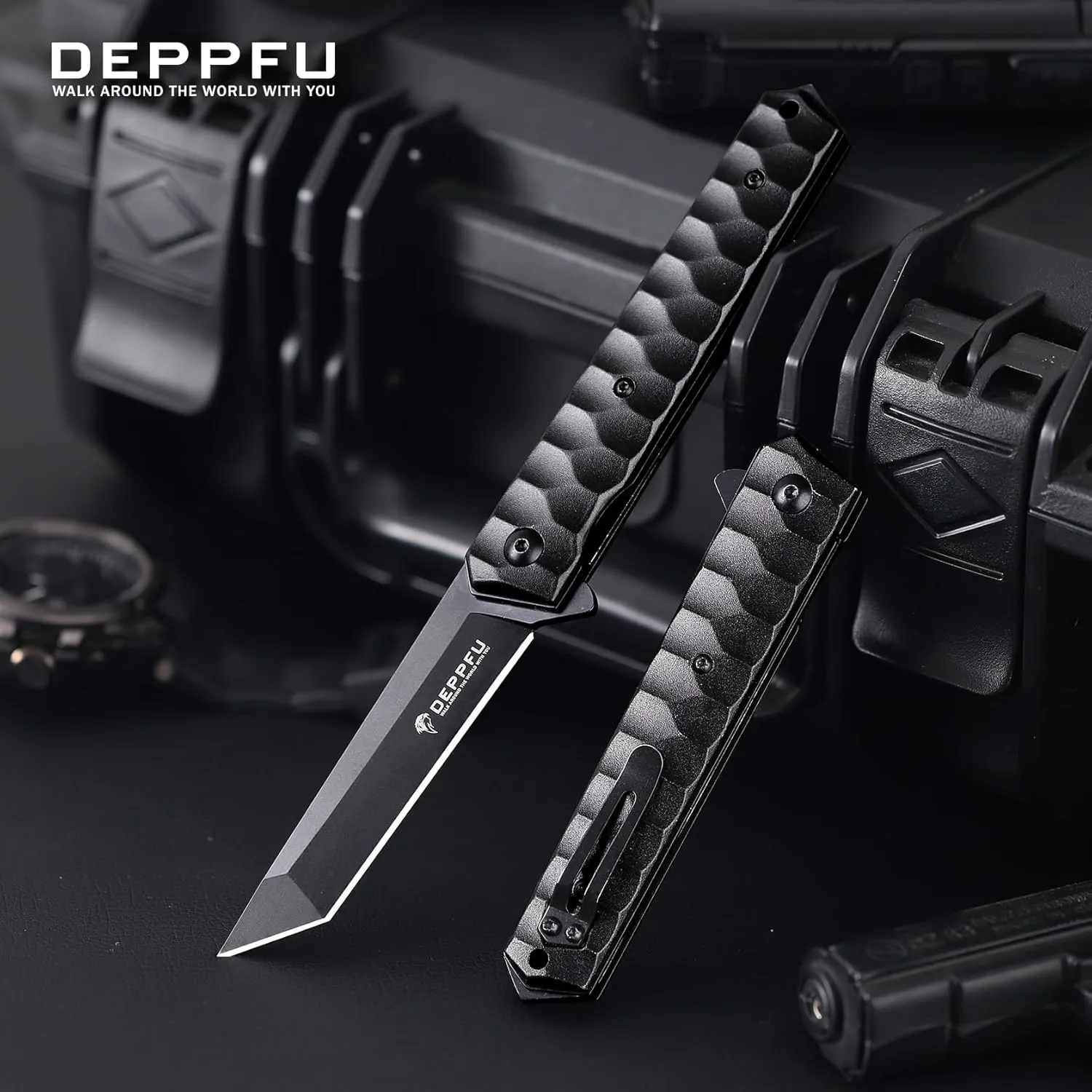 Geometric Pocket Knife EDC For Men Sharp Tactical Folding Knife With Holster With Clip Glass Breaker Everyday Carry Knifes Camping Hunting Knives （Black）