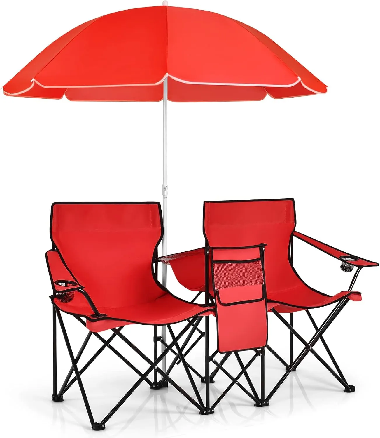 Giantex Double Camping Chair with Umbrella - Folding Picnic Loveseat with Carrying Bag, Cooler Bag, Table, Side Pocket & Cupholder, Portable Beach Chair for Camping, Picnic, Fishing, Beach